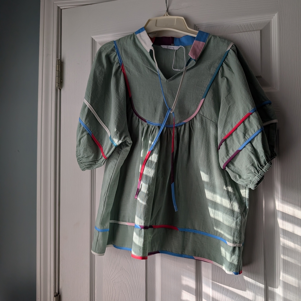Sage Green Peasant Blouse with Multicolor Trim